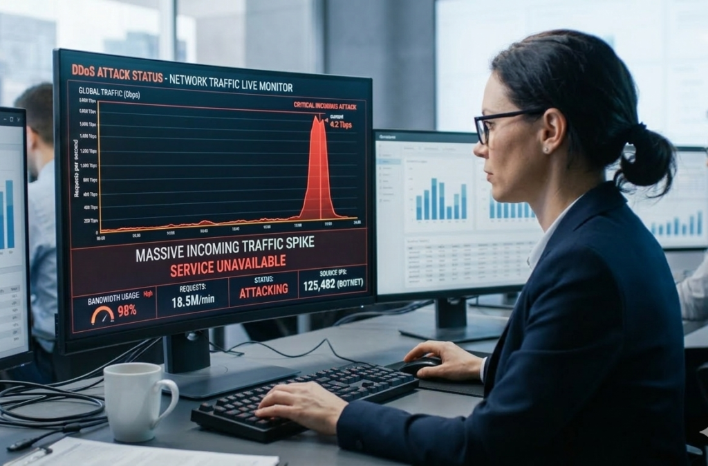 Vrouw kijkt naar grote pieken in bezoekersaantallen. Een mogelijk symptoom van DDoS.