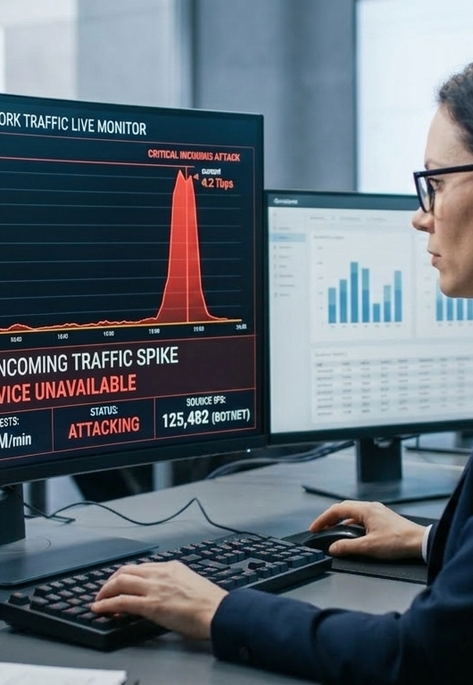Vrouw kijkt naar grote pieken in bezoekersaantallen. Een mogelijk symptoom van DDoS.